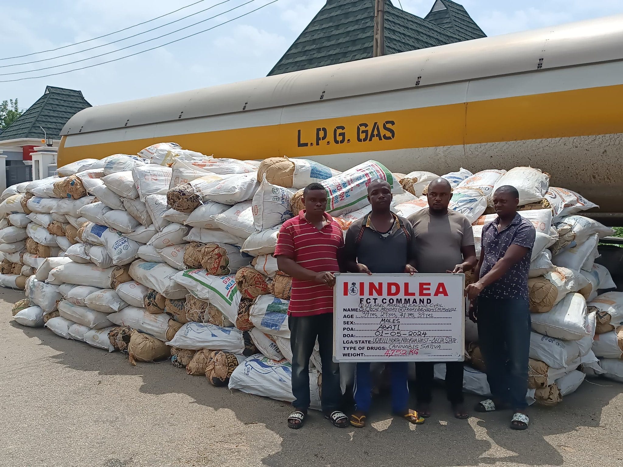 Four arrested as NDLEA intercepts 4,752kg of cannabis concealed in the gas tanker in Abuja. 1 20240505 162101