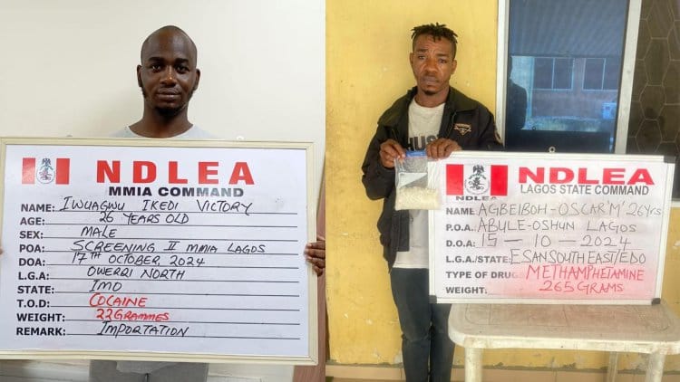 Two businessmen arrested for excreting five large, egg-sized wraps of cocaine at Lagos airport. 1 image 750x 6714be0448311
